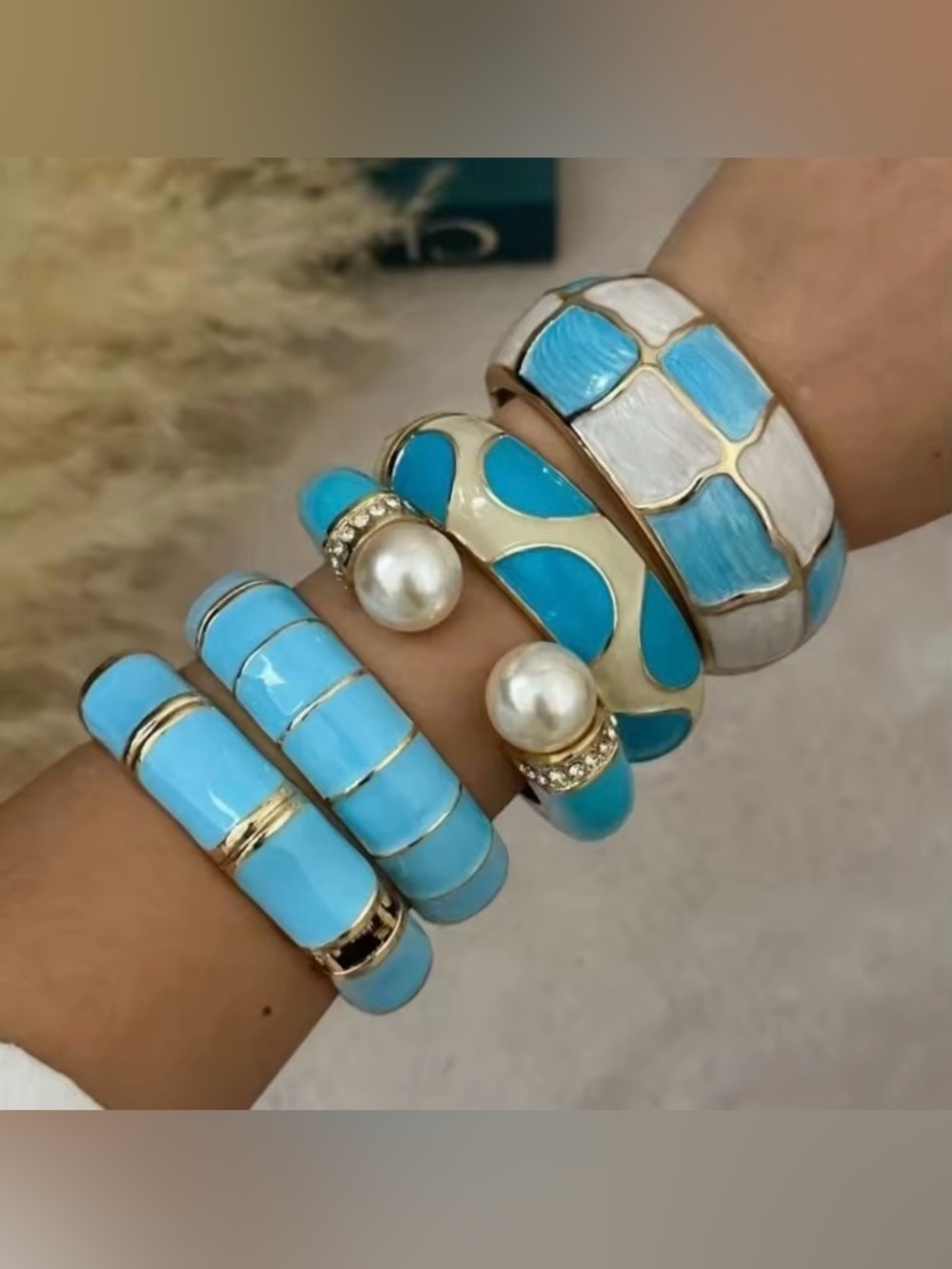 Sequin Blue Enamel Grid Bangle hinge Bracelet Hand Painted Beach Vacation Jewel